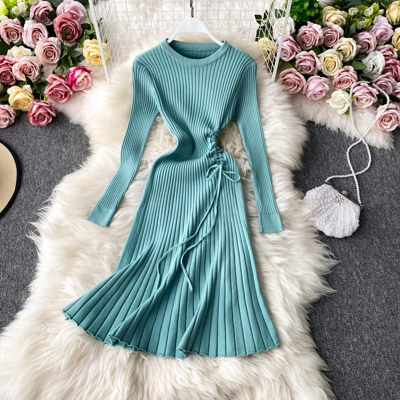 

YIZZHOY Spring Autumn New Solid Gentle Style Knitted Dress Drawstring Knee Length Skirt Bottomed Wool Slim Dress