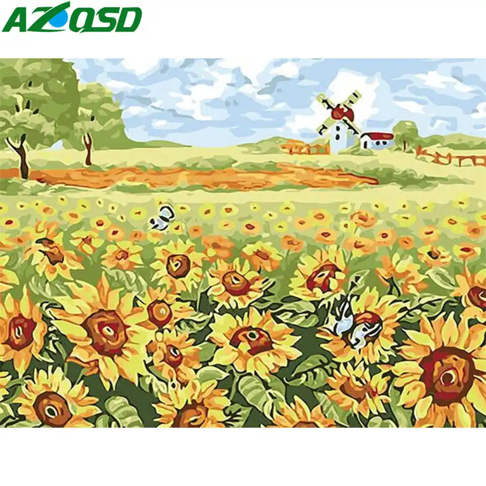 

AZQSD Painting By Numbers Sunflower Landscape Coloring By Numbers 50x40cm Unframed Decoration Wall Art Diy Kits Drawing Canvas