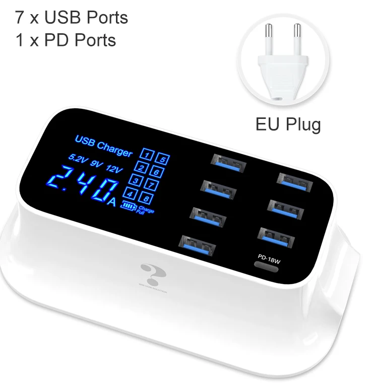 8Ports White EU GOOJODOQ PD зарядное устройство 40 Вт 8 портов USB зарядное устройство умный светодиодный дисплей USB быстрая зарядка для Apple адаптер для IPhone IPad Xiaomi samsung - Тип штекера: 8Ports White EU