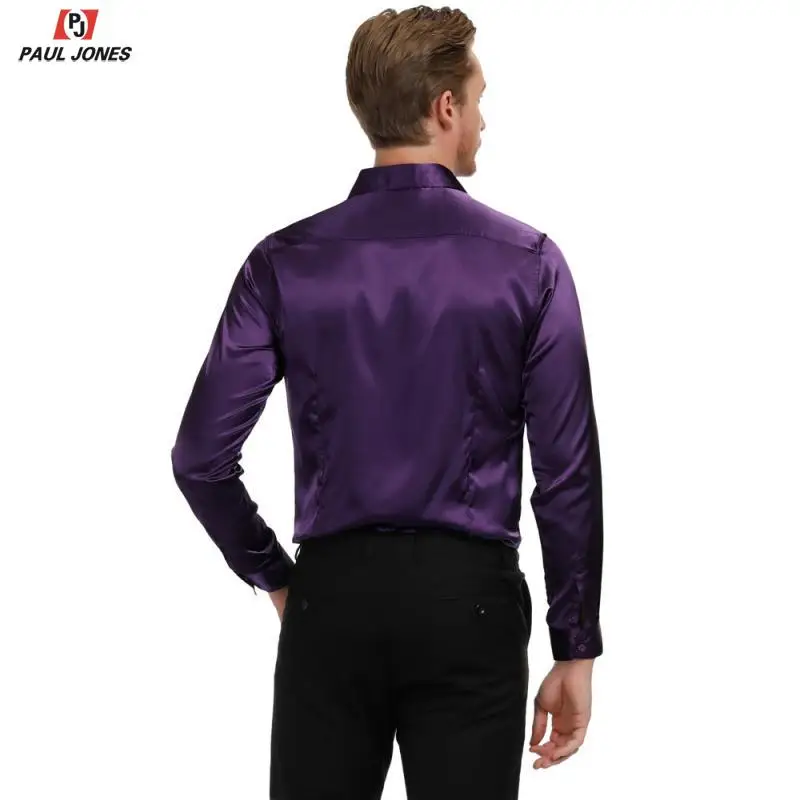 Мужская приталенная атласная рубашка PAUL JONES Однотонная с длинным рукавом