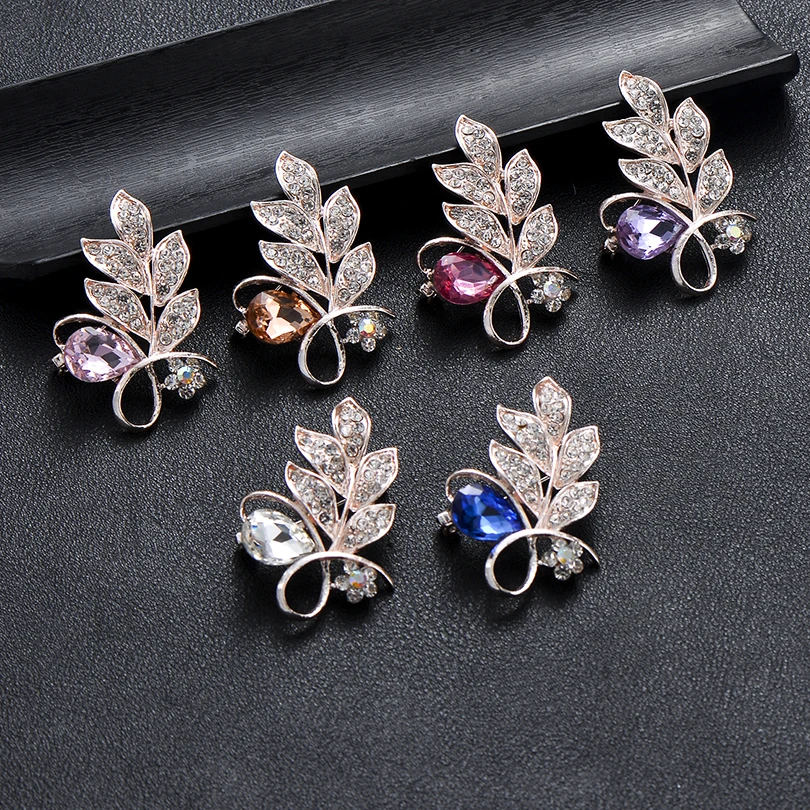 IYOE шик Стиль горный хрусталь броши и Цвет с украшением в виде кристаллов листьев