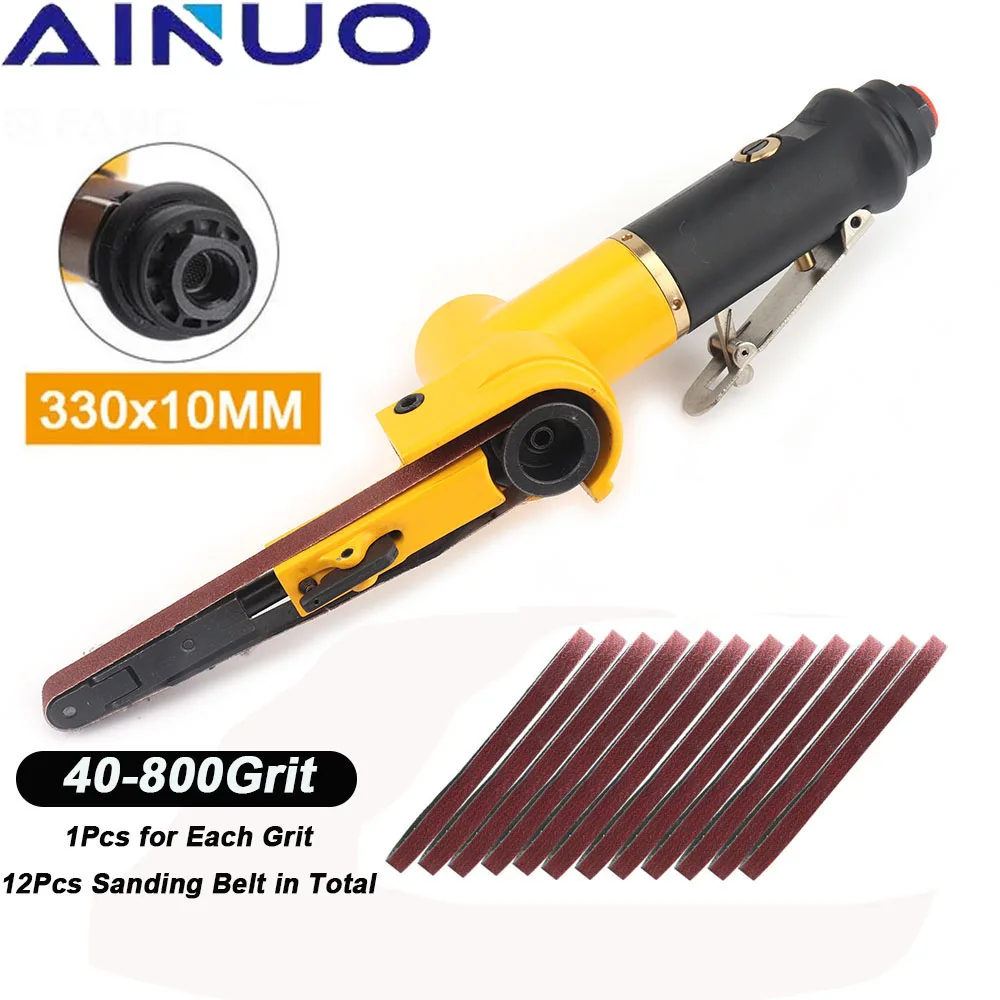 

3/8" Air Belt Sander Air Angle Grinding Machine with 12Pcs Sanding Belts for Air Compressor Sanding Pneumatic Tool 10*330mm