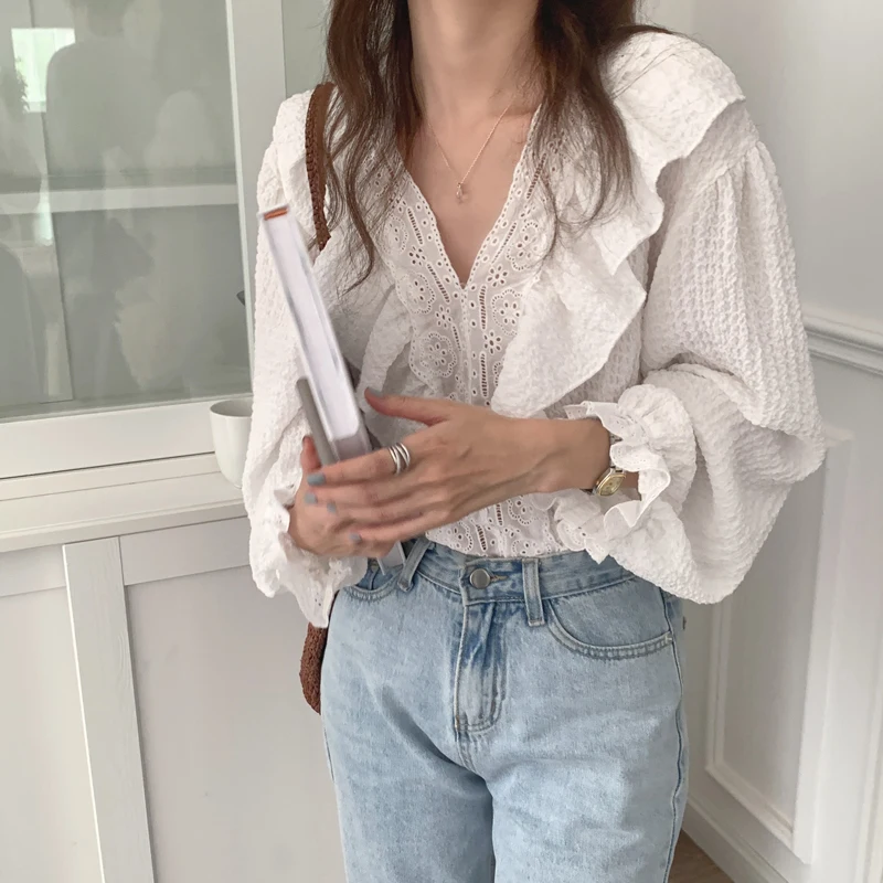 

Alien Kitty Fashion Ruffled V-neck Blouses Hollow Out Long Sleeve Shirt 2022 New Spring Autumn Women Tops Sweet Blusas Mujer