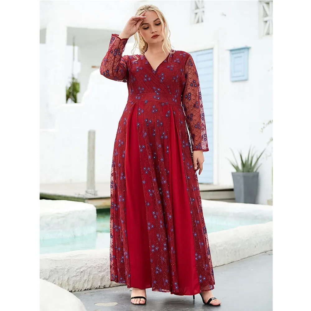 

Lace Abaya Dubai Kaftan Muslim Women Maxi Dress Fashion Turkey Caftan V-Neck Party Gown Islamic Clothing Plus Size Abayas Robe