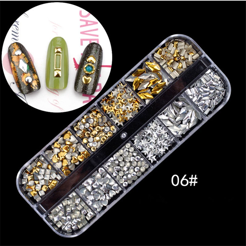 Colorful Rhinestones for Nails 3D Gorgeous Nails Art Tips Decals AB Acrylic UV Gel with 12 Grids Hard Case Nail Art Decorations