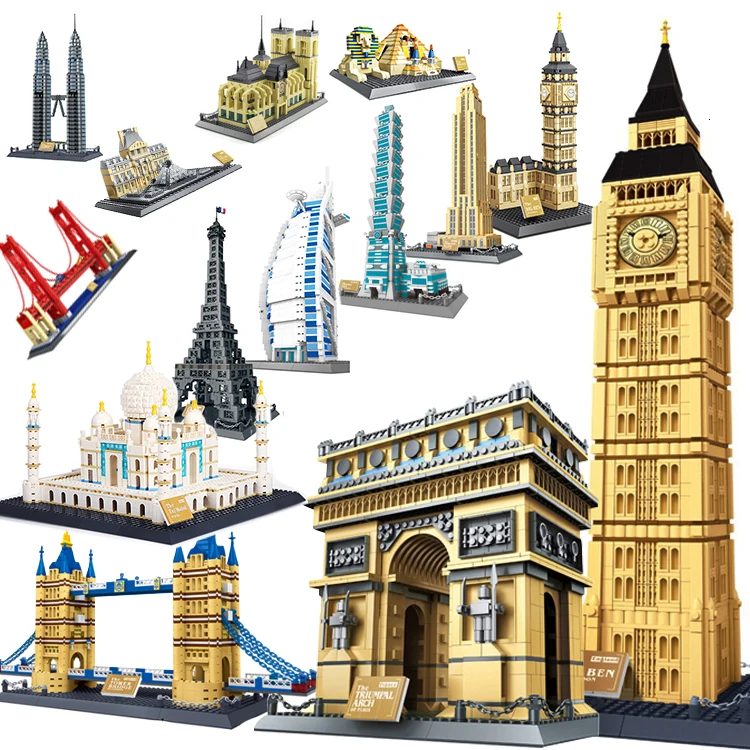 

WanGe City 2021 Compatible Architecture Taj Mahal London Paris Town Bridge Building Blocks Children Assemble Bricks Toys
