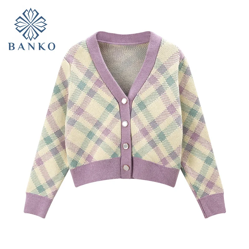 

Knitted Cardigans Sweater Women V Neck Plaid Long Sleeve Crop Top Femme Singles Breasted Short Casual Coat 2021 Autumn 2021 Chic