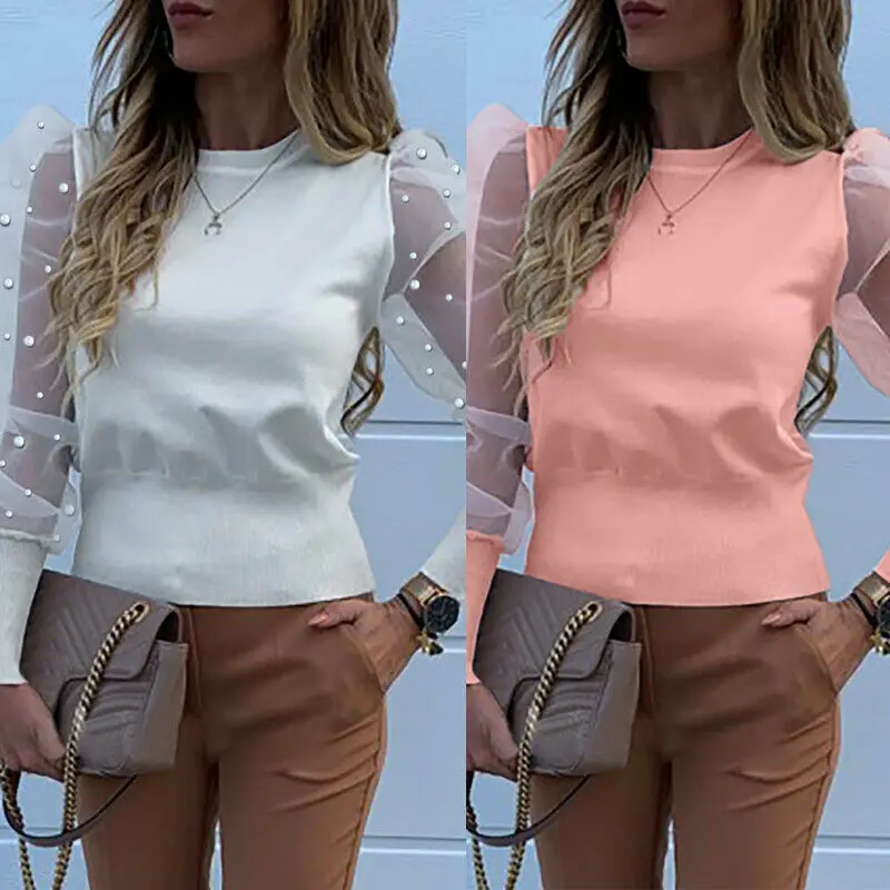 

Women Ladies Puff Mesh Sleeve Tops Pullover Sweater Blouse Loose Jumper Tops