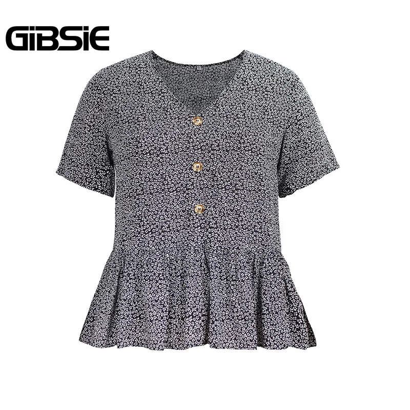 GIBSIE с винтажными пуговицами спереди принт женские топы и блузки размера плюс