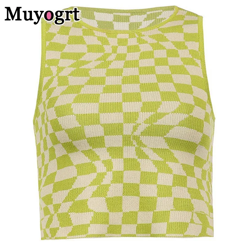 

Muyogrt Checked Crop Top Sleeveless Vest Knitting Summer 2021 Patchwork Y2K Fashion Outfits Streetwear Knit Tank Tops Women