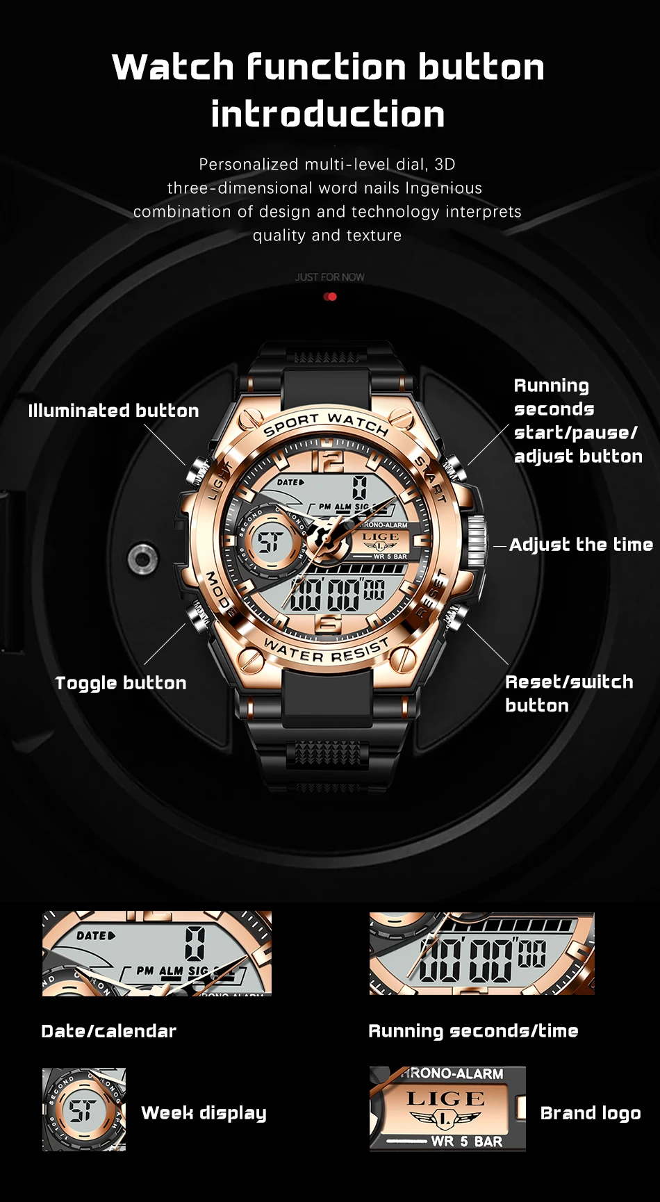 buttons Relogio Masculino 2021 LIGE Sport Men Quartz Digital Watch Creative Diving Watches Men Waterproof Alarm Watch Dual Display Clock