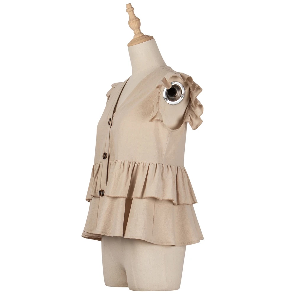 

Ruffle Summer Elegant Blouse Women 2021 Solid-color Single-row Button-down Tops Shirt Female V-neck Casual Women Blouses