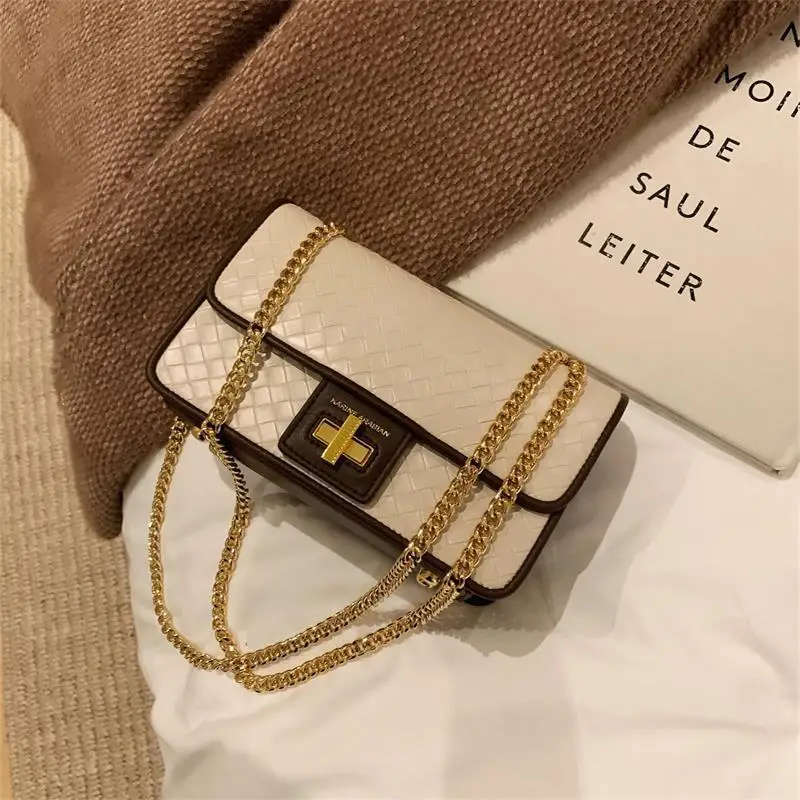 

Designer Shoulder Bag Female Crossbody Bag Women Handbag Purse Weave Texture Chain Fashion 2021 PU Leather Contrast Color Simple