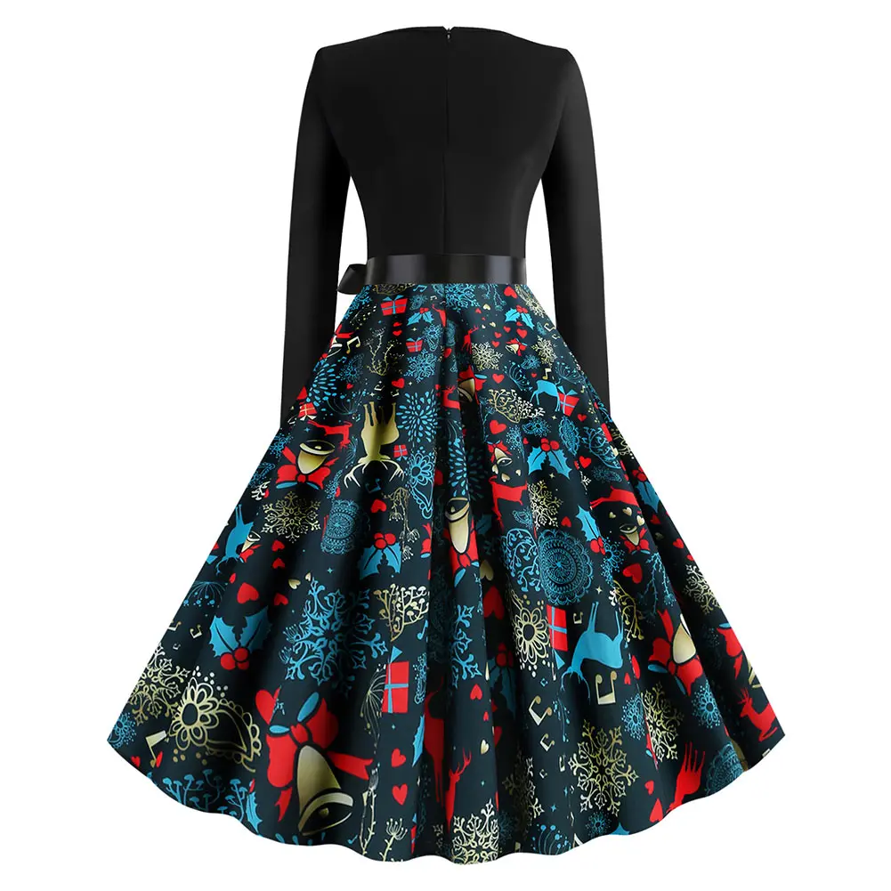 Женское винтажное вечернее платье черное с длинным рукавом и широким подолом для