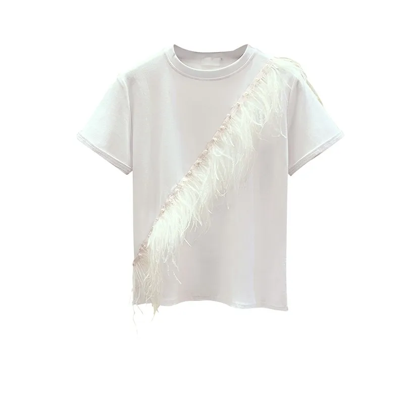 

Summer Short Sleeve Women T-Shirt Feminina Feathers Tassel Pearls O-Neck Women Pullover Casual Cotton Loose Fit Top White Tees