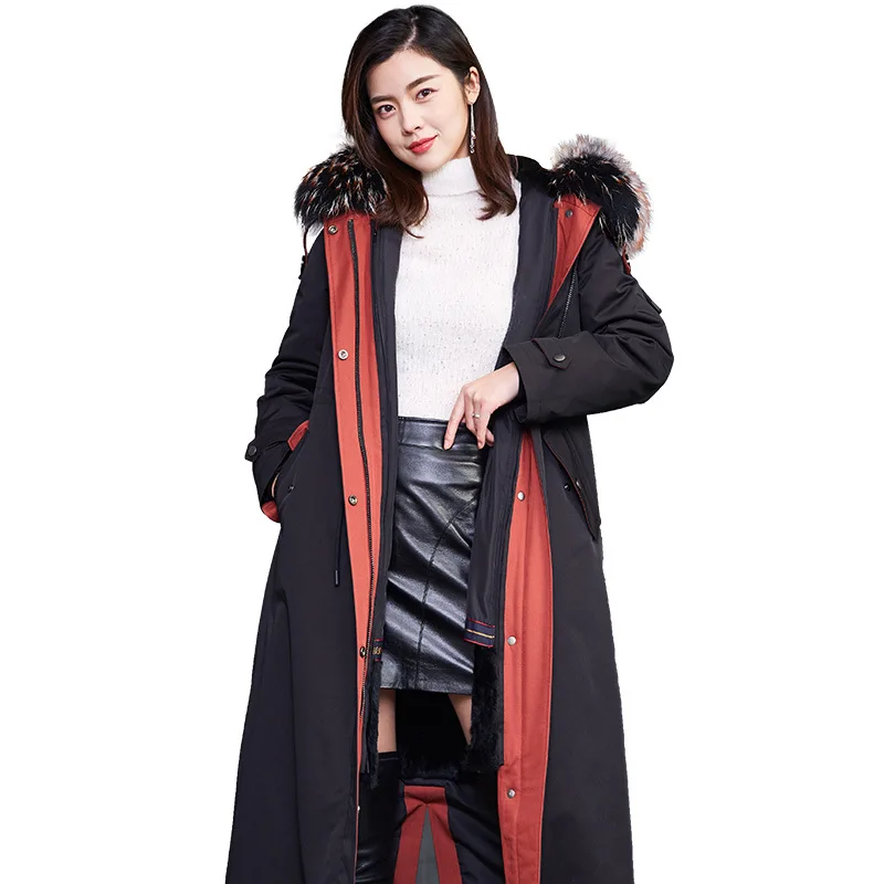 Настоящий мех кролика пальто для женщин Длинные парки женская зимняя куртка с