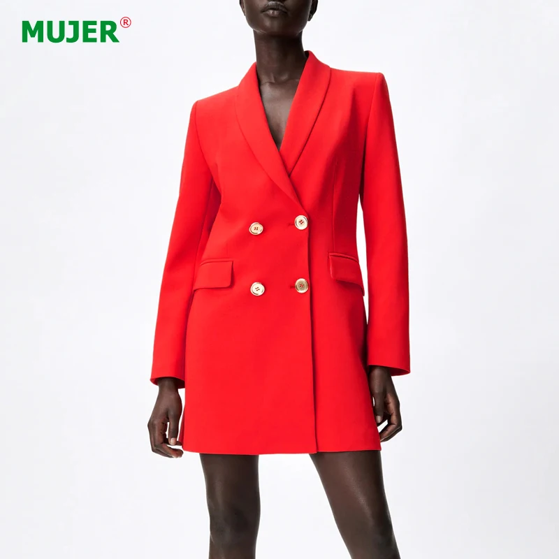 

Женский двубортный Блейзер Za, Красный Длинный блейзер с длинным рукавом и воротником, винтажные жакеты для женщин на осень
