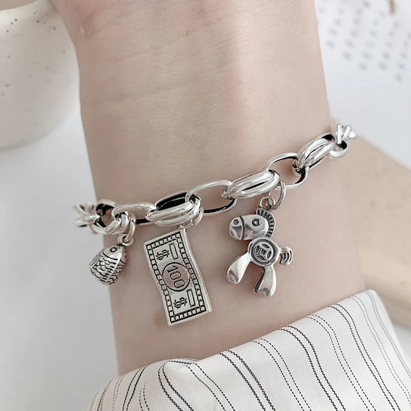 

S925 Sterling Silver retro versatile instant rich Bracelet female personality minority design pony Coin Bracelet