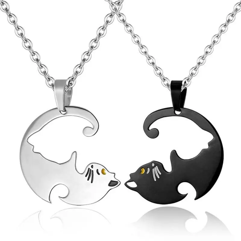 

Animal Pendant Black White Cat Stitching Necklace Trendy Fashion Couple Love Heart Shape Necklace Pendant Gold White Cat Jewelry