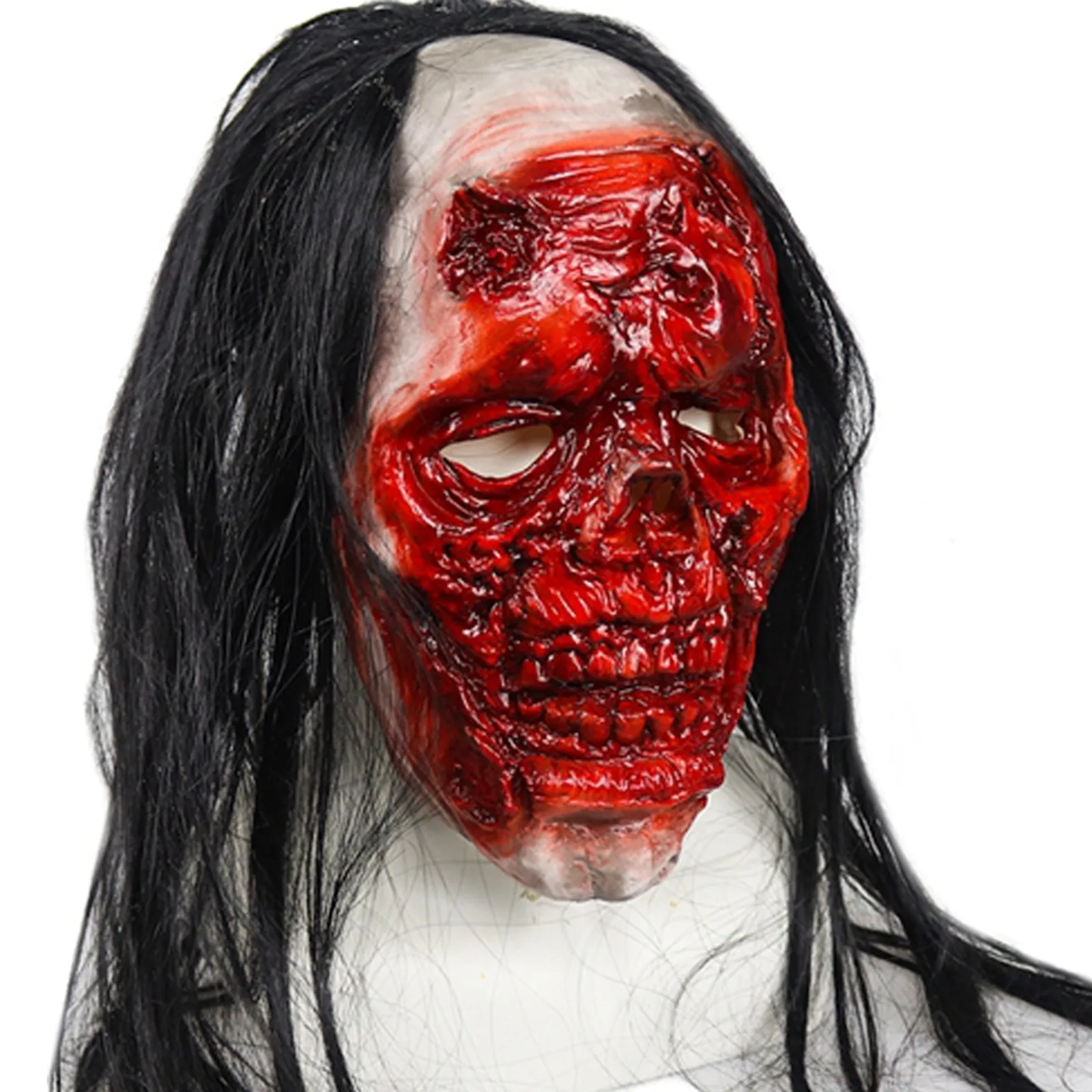 

Zombie Mask Halloween Cosplay Horror Bloody Rotten Face Helmet Black Long Hair Latex Víspera De Todos Los Santos Decoration