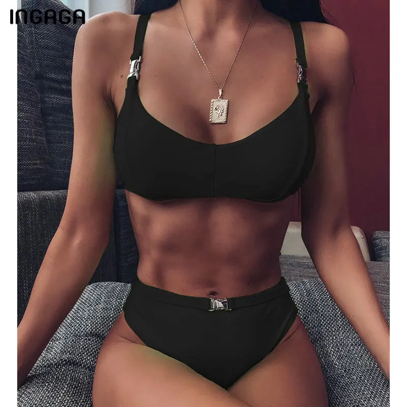 INGAGA High Waist Brazilian Bikinis Sexy Push Up Swimsuit Female Solid High Cut Swimwear Women Black Belted New Biquini