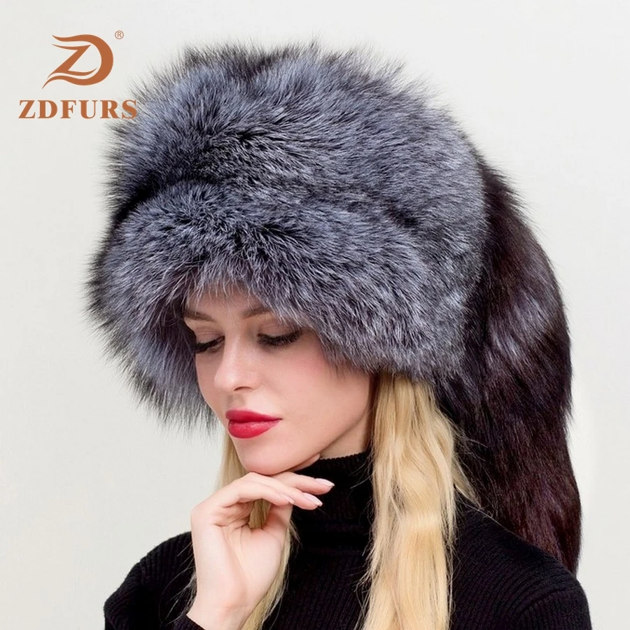 ZDFURS* Женская русская ушанка Авиатор Охотник лисий мех бомберы шапка натуральный Лисий мех шапки купол монгольская шапка