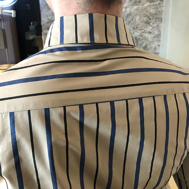 

Striped British Style Men Shirt Luxury Golden Long Sleeve Slim Fit Casual Dress Shirts Streetwear Social Blouse Homme Camisa