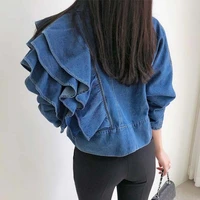 women denim jacket ruffle hem slim women short jeans jackets coat vintage v neck denim coat outerwear korean femme lt434s50