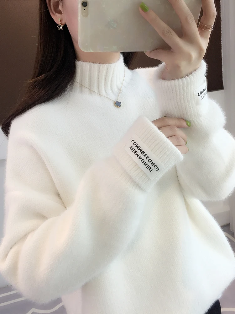 

Women's semi-turtleneck sweater new pullover loose outer wear lazy wind autumn and winter thick mink velvet chenille