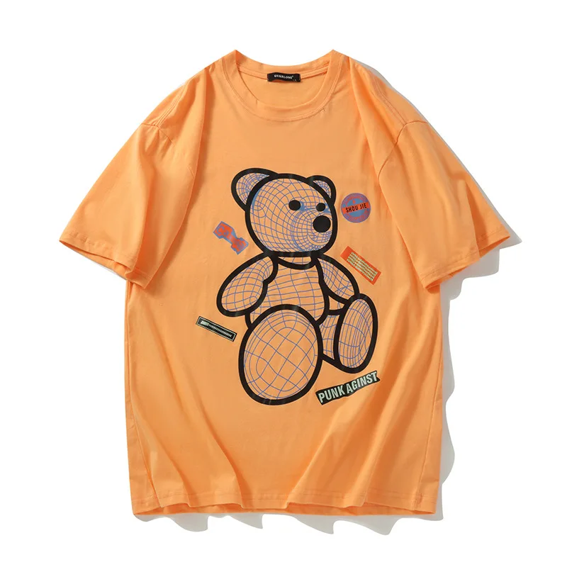 

Cartoon Bear Print T Shirts Men's Summer New Short Sleeved T-shirt Couples Oversize Loose Korean Bottom Shirt Mens Handsome Tops