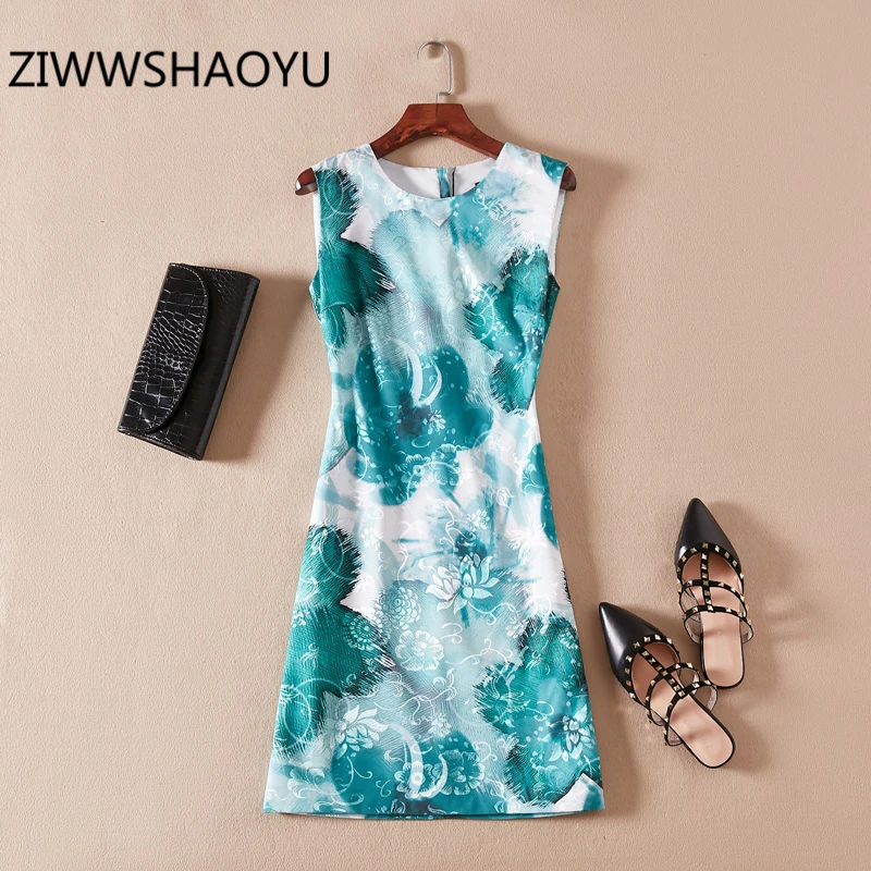 

ZIWWSHAOYU летнее женское зеленое винтажное праздничное платье с принтом, модные дизайнерские женские элегантные мини-платья без рукавов с молн...