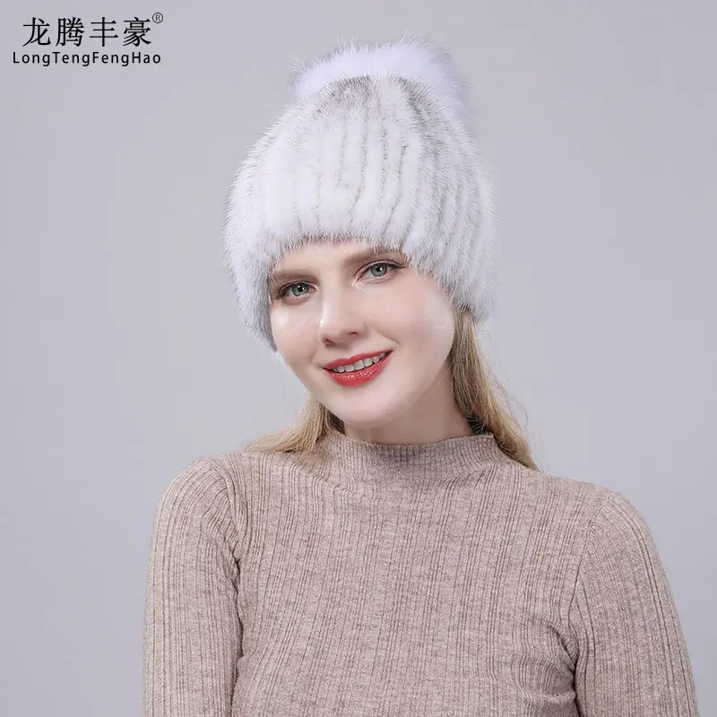 New winter real mink fur with foxtail women's natural fur beanie with winter warm stretch knitted wool lining cap free shipping