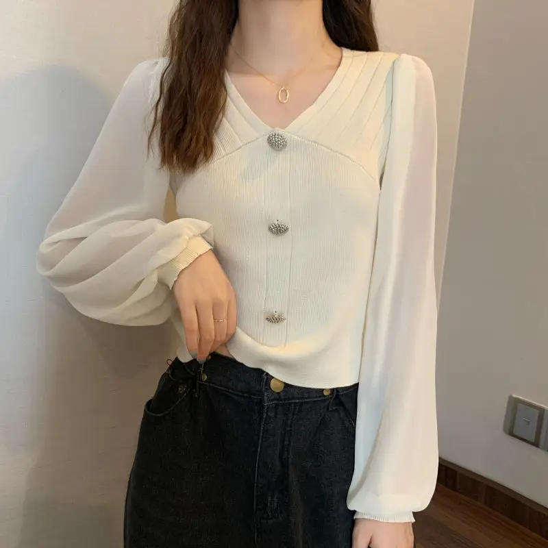 

Pullover Women V-Neck Solid Patchwork Korean Sweater Fashion Short Tops Long Sleeve Kawaii New Female Knitwear Autumn 2020 Woman