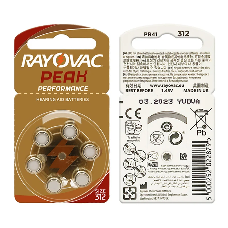 Батареи слухового аппарата RAYOVAC 60 шт./лот A312 312A ZA312 312 PR41 S312 шт. размер батареи 13 10 675
