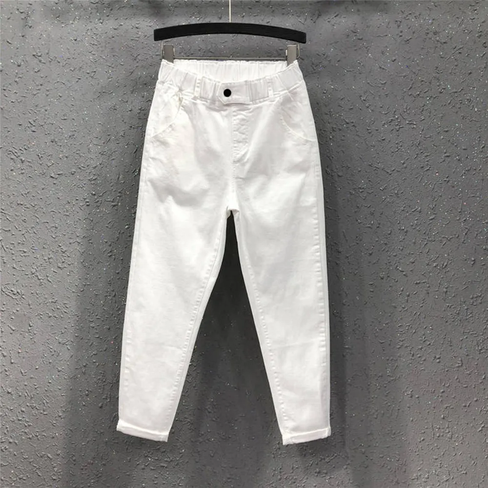

New Summer Women Harem Pants All-matched Casual Cotton Denim Pants Elastic Waist Plus Size Yellow White Black Jeans Loose