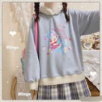 qweek kawaii bear graphic hoodie anime long sleeve blue top oversized kpop sweatshirt 2021 fashion autumn winter clothes women