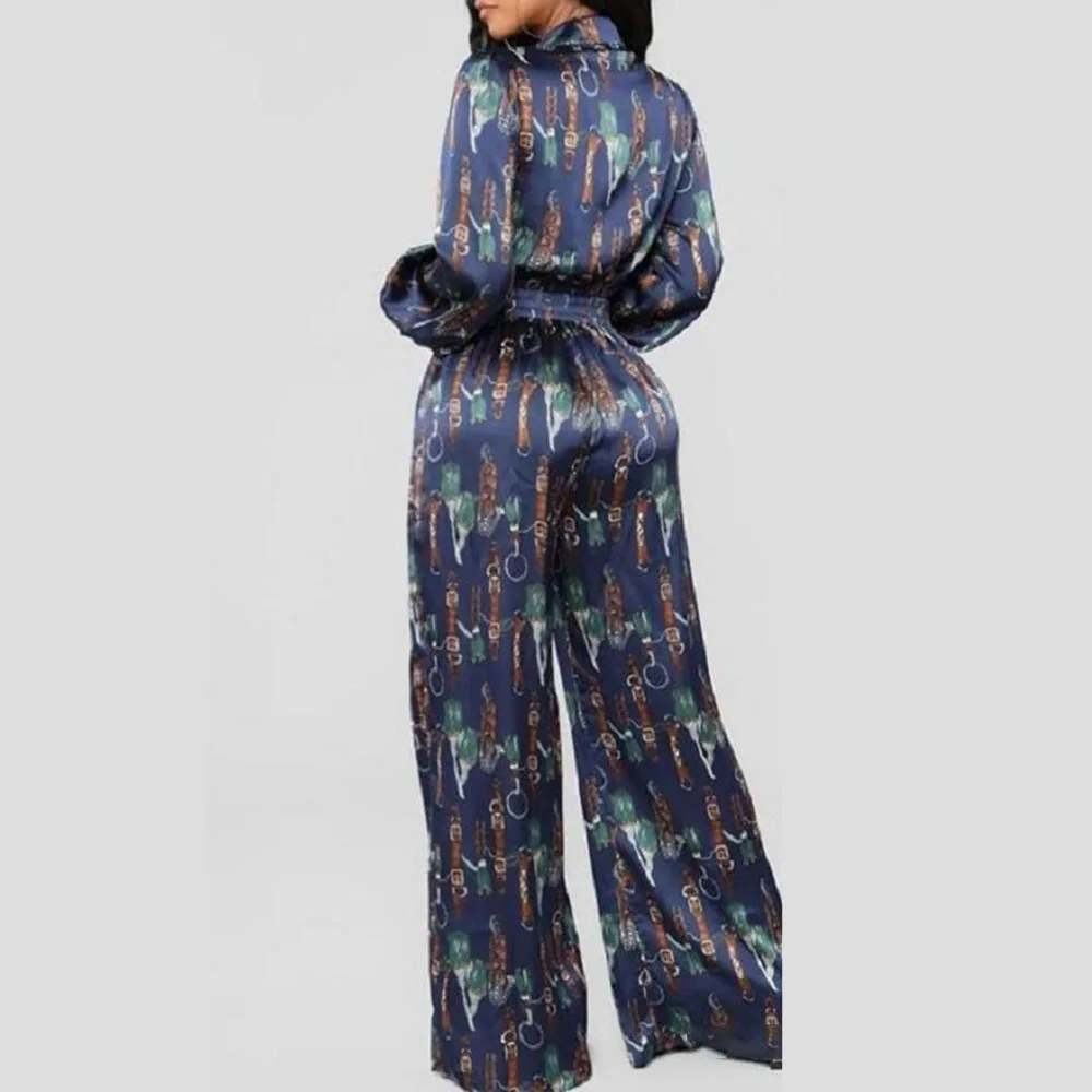 

Western Style African Jumpsuit 2021 Summer New Fashion Temperament Printing V-neck Long Sleeve High Waist Lapel