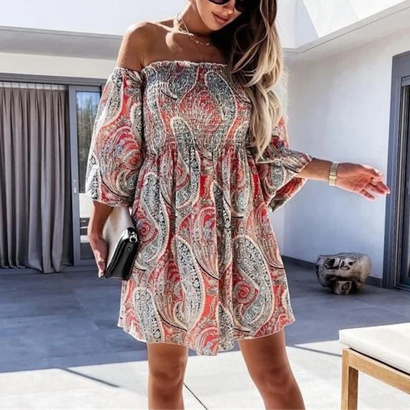 

Женское мини-платье с открытыми плечами, цветочным принтом, вырезом лодочкой и длинным рукавом, эластичное ТРАПЕЦИЕВИДНОЕ ПЛАТЬЕ, женское п...
