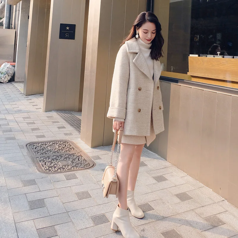 

2021 new Elegant women's coat Sweet Mid-length Woolen Outwear Long Sleeve Coats Short Skirt Suit Female Fashion mini skit set