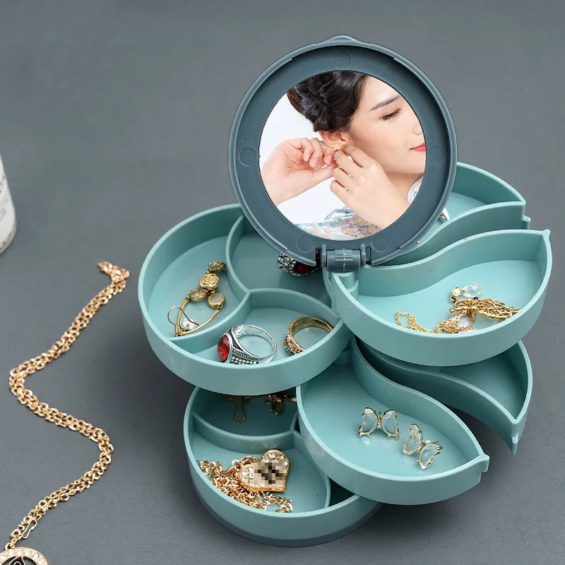 Jewelry Storage Box Multilayer Rotating Plastic Jewelry Stand Earrings Ring Box Cosmetics Beauty Container Organizer with Mirror