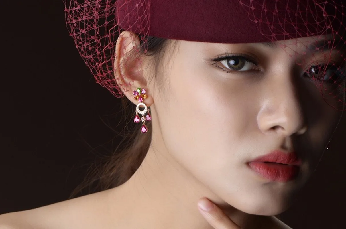 

Color Korean-style Red Tourmaline Earrings Gold Plated Color Gemstone Earrings Zircon Accessories