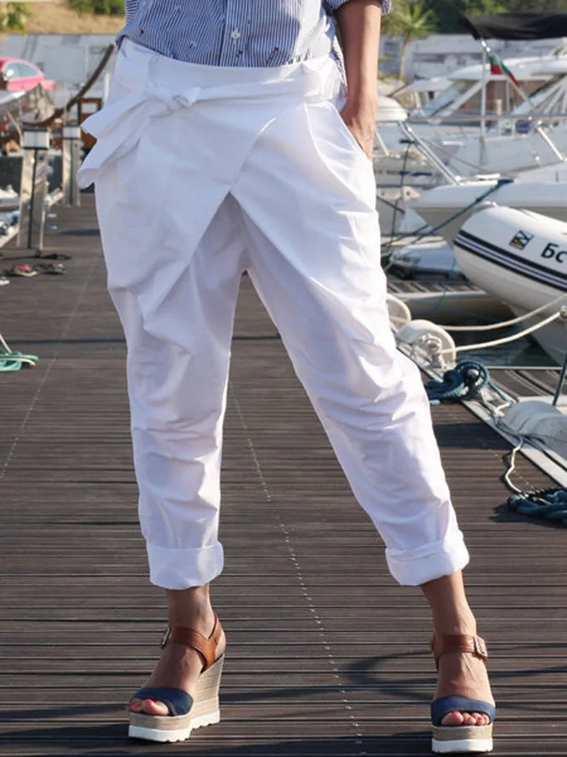 Женские Асимметричные брюки повседневные свободные синие из хлопка для дома