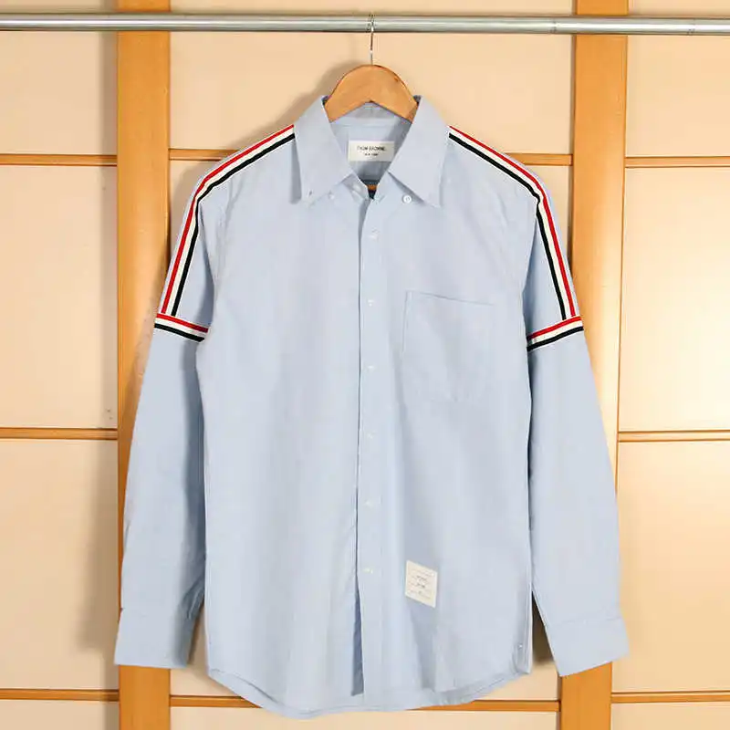 

2021 TB brand shirts men british striped long sleeve causal oxford shirt fashion slim fit blue white cotton men's shirts office