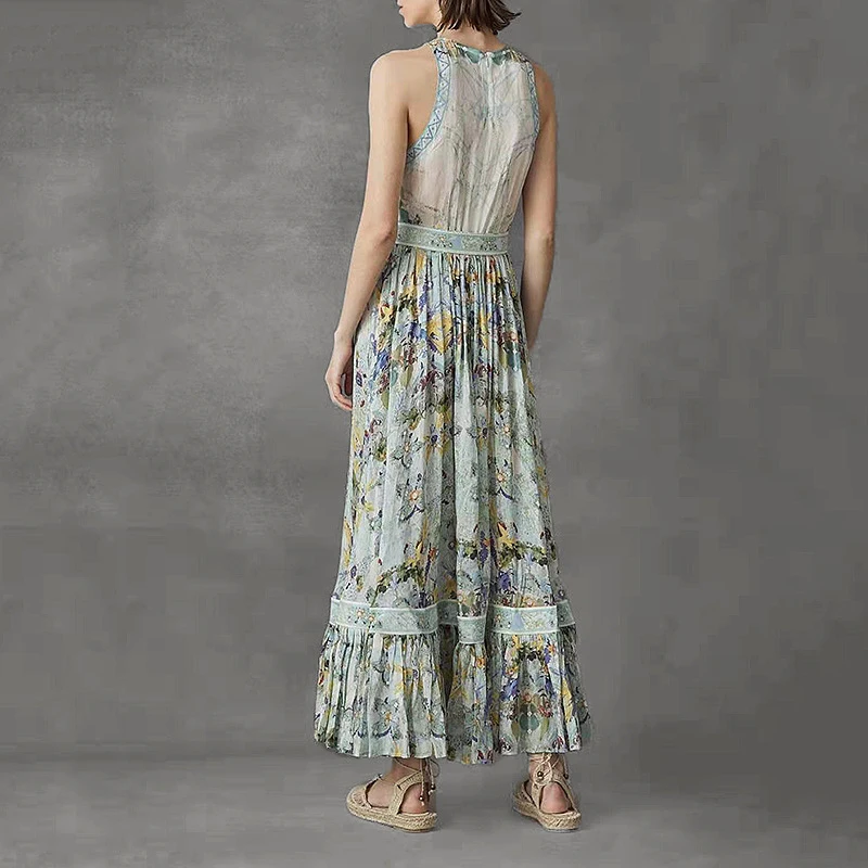 

SISPELL Print Hit Color Dresses For Female O Neck Sleeveless Patchwork Ruched High Waist With Belt Woemn's Dress Fashion Tide