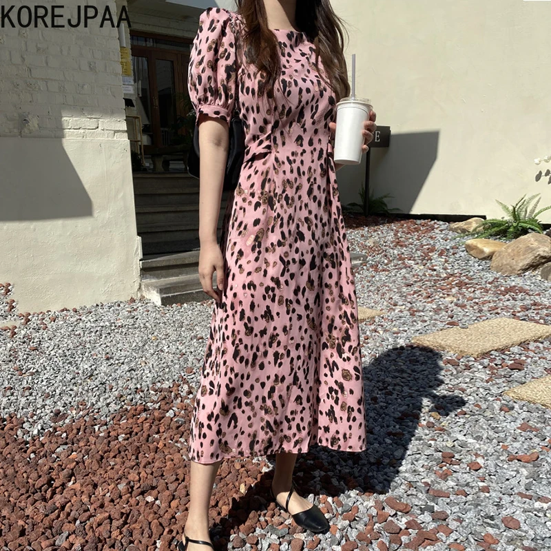 

Korejpaa Women Dress 2021 Summer Korean Chic Western-Style Pink Leopard Print Round Neck Slim Waist Puff Sleeve Chiffon Vestidos