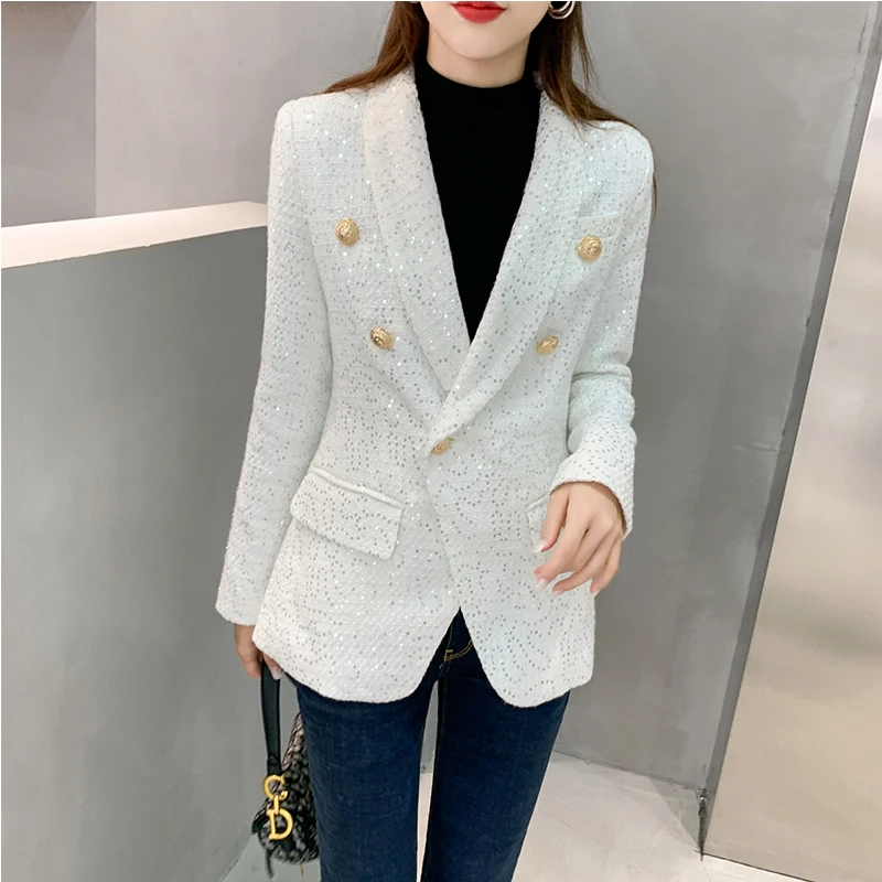 

JSXDHK 2020 New Vintage Women Blends Woolen Turn Down Collar Jackets Autum Winter Sequined Tweed White Office OL Jacket Coat