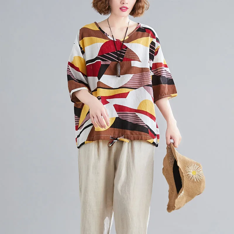 2020 летняя футболка размера плюс Женская Геометрическая большого из хлопка и льна