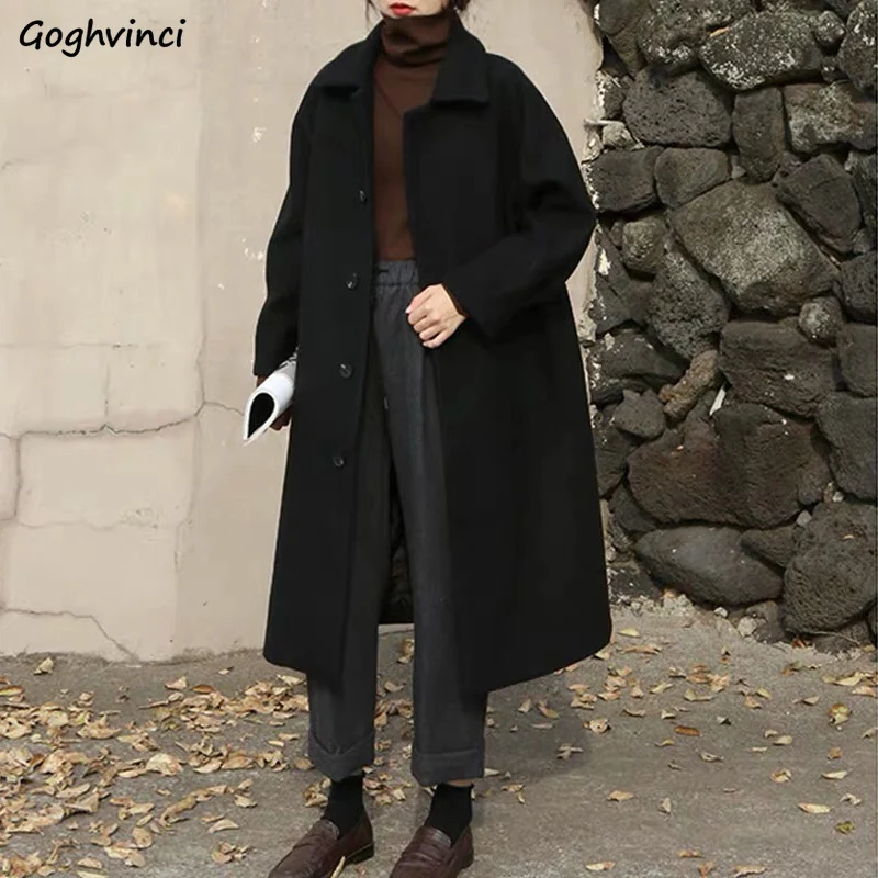 

Women Coat Wool Blends Elegant Solid Long Single Breasted Loose Autumn Winter Outwear A-line Casual Fashion Overcoat Streetwear