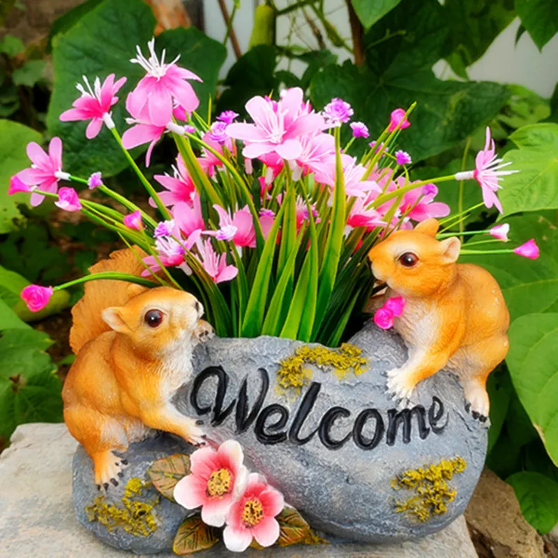 Outdoor Simulation Animal Squirrel Rabbit Flower Pot Resin Ornaments Courtyard Garden Pastoral Deer Figurines Decoration Crafts