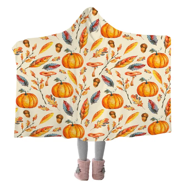 BlessLiving Pumpkins Hooded Blanket Golden Leaves Throw Blanket Autumn Sherpa Fleece Pine Cones Wearable Blanket Cozy Cobertor 5